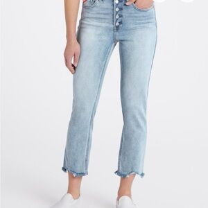 High Rise exposed button fly cropped slim straight Jean